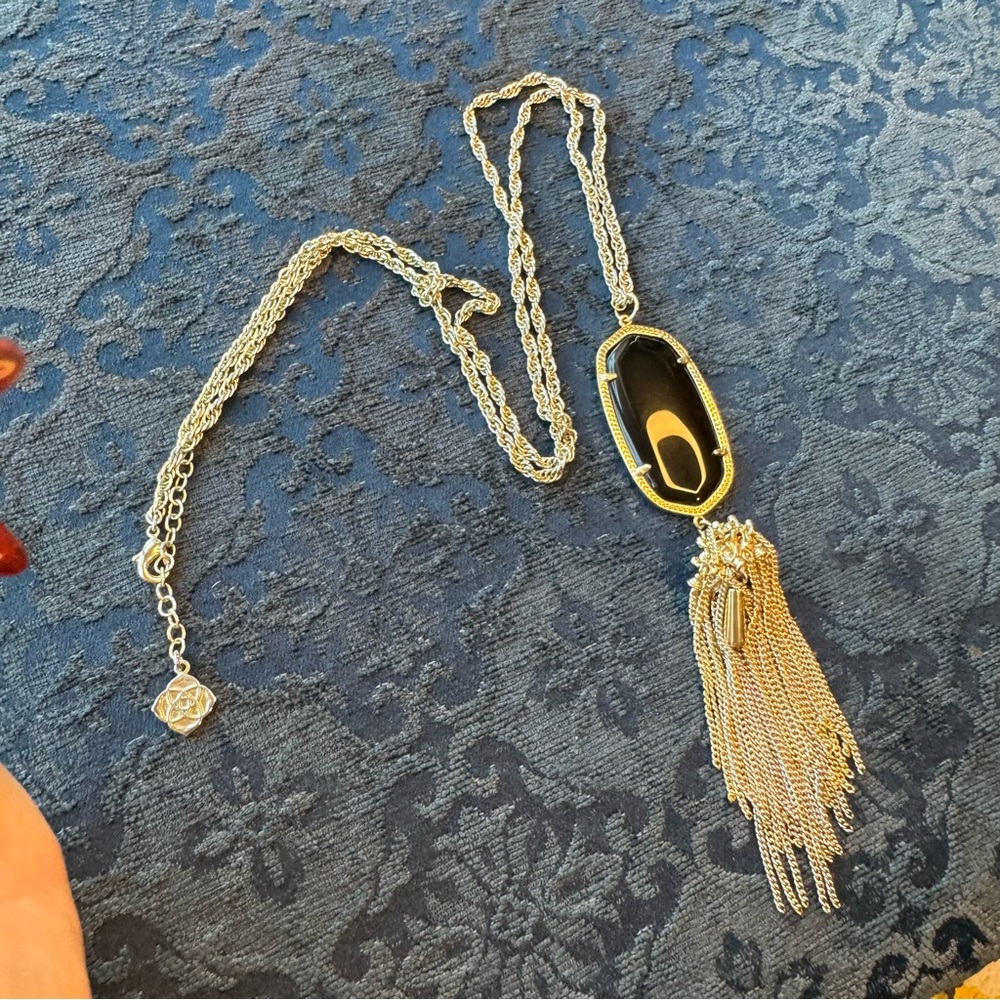 Kendra Scott Rayne gold tone long necklace with Black Pendant and tassel